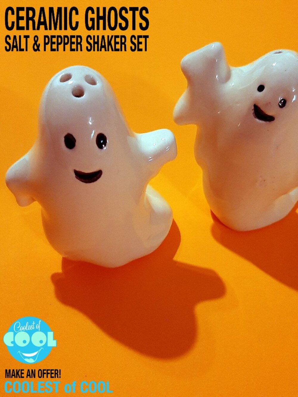 ceramic ghost spirit salt n pepper shaker set spooky Halloween kitchen decor